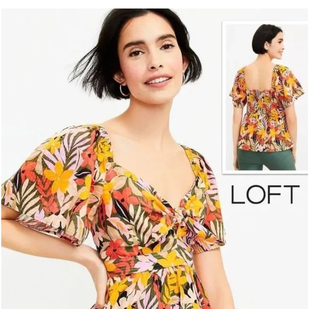 LOFT Women's Tropical Flutter Tie Neck Top Cotton Size M